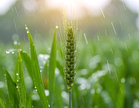 Green wheat in rain