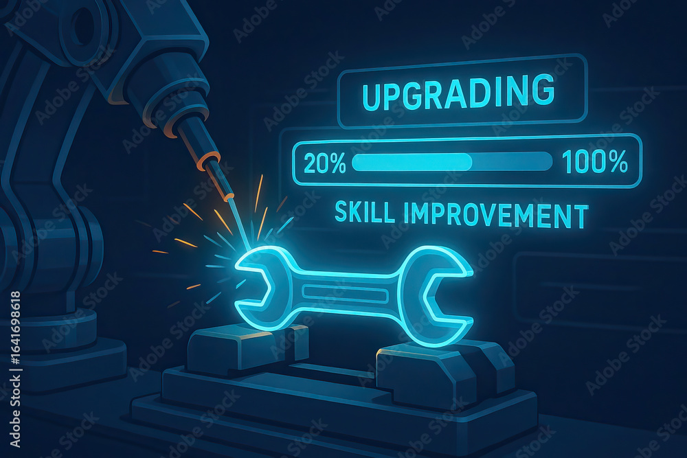 Poster upgrading skill improvement concept with robotic arm welding glowing wrench, futuristic technology a