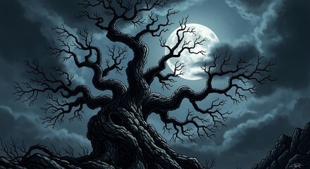 Gnarled ancient tree silhouetted against a luminous full moon on a cloudy night