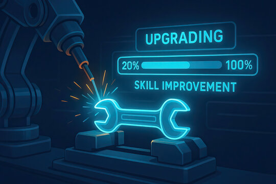 Upgrading skill improvement concept with robotic arm welding glowing wrench, futuristic technology and digital progress bar showing advancement and development