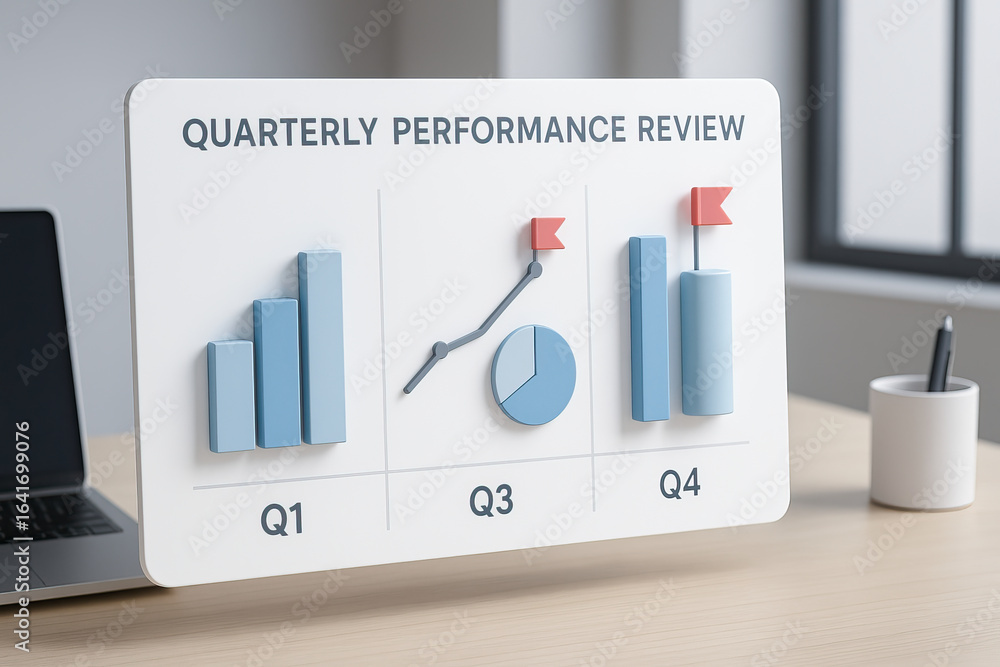 Poster quarterly performance review chart with bar graphs and pie chart showing business growth and progres