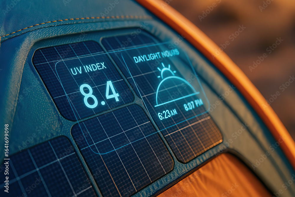 Poster uv index 8.4 displayed on futuristic digital screen with daylight hours and sun icon, embedded in le