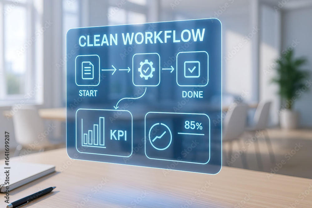 Poster clean workflow concept with digital interface showing start, process, done, kpi, and performance per