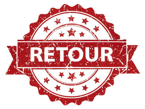 Red circular stamp with the word retour in the center isolated on transparent background