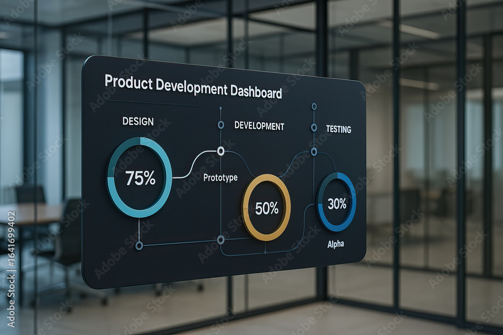 Poster product development dashboard showing design, development, and testing progress with percentage indi