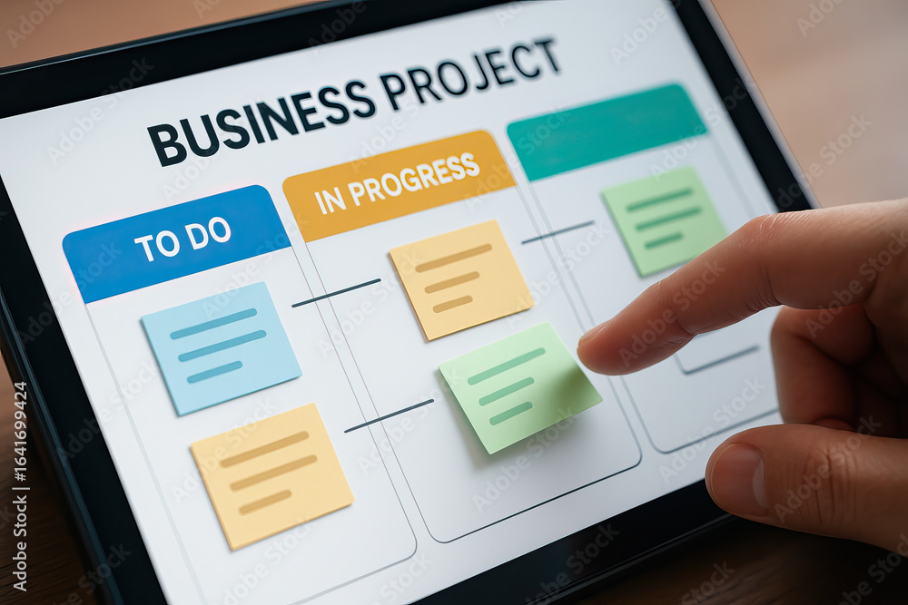 Poster business project planning on digital tablet with colorful sticky notes organized in to do and in pro