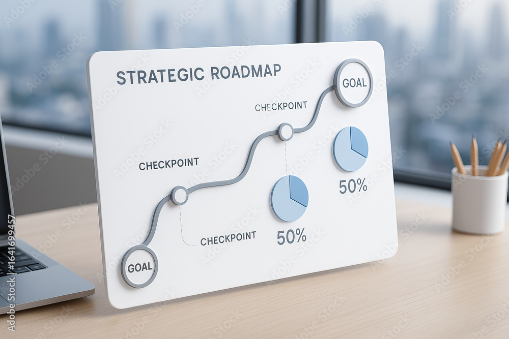 Aufkleber strategic roadmap with goals and checkpoints displayed on white board with pie charts showing progre