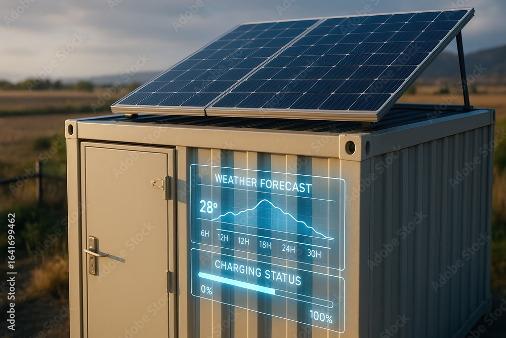 Poster solar panel on container with digital weather forecast and charging status display, renewable energy