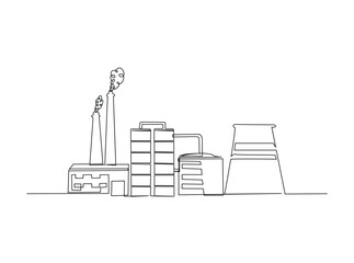 Industrial plant construction in single outline illustration. Continuous line art drawing of factory building area.