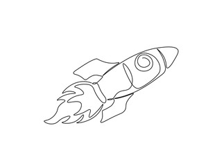 Flying rocket sapce ship in single outline illustration. Continuous line art drawing of rocket spacecraft.