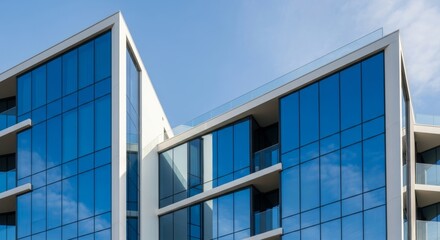 Contemporary commercial building exterior with blue glass curtain wall and white architectural framework. Modern urban architecture with geometric design and sky reflections.