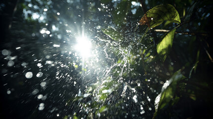 A sunbeam illuminates the center of a dense forest, creating a stunning visual of light and shadow on the trees.