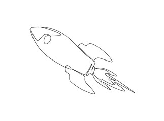 Flying rocket sapce ship in single outline illustration. Continuous line art drawing of rocket spacecraft.