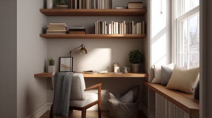 Cozy minimalist home office with wooden shelves and sunlight by a large window. Cozy study nook tucked into a corner. concept of calm workspace