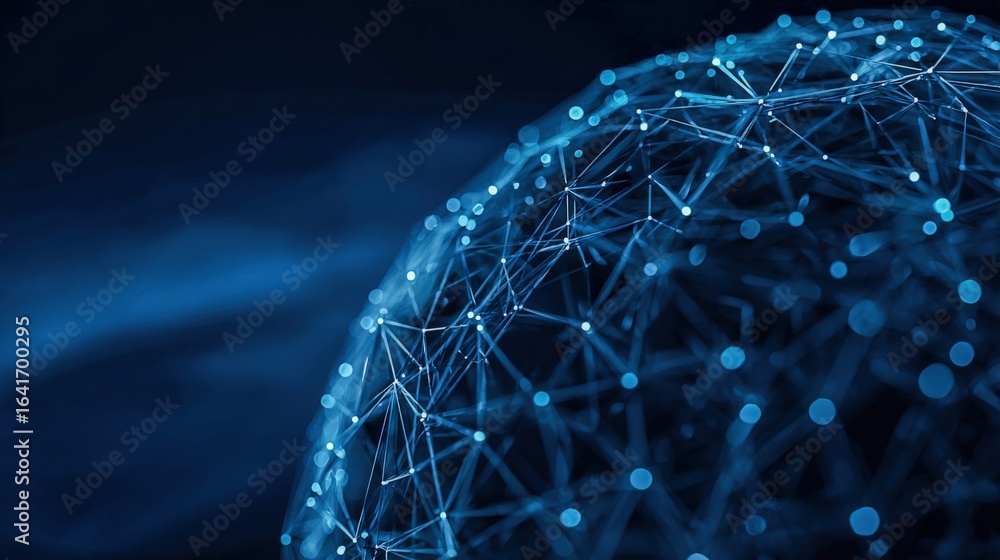 Poster abstract technology network globe with connected dots and lines, data visualization concept on dark 