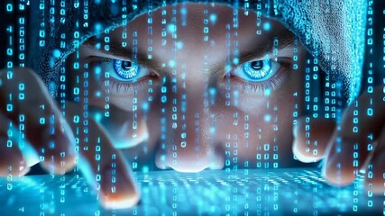 Close-up of intense blue eyes with digital binary code overlay, hands touching interactive holographic interface, representing technological connection and data manipulation. - Powered by Adobe