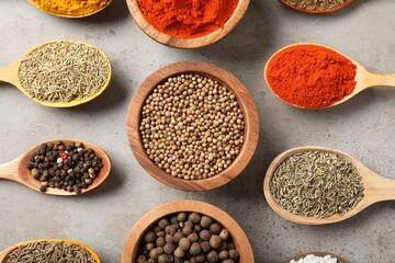 Different aromatic spices on gray textured table, flat lay