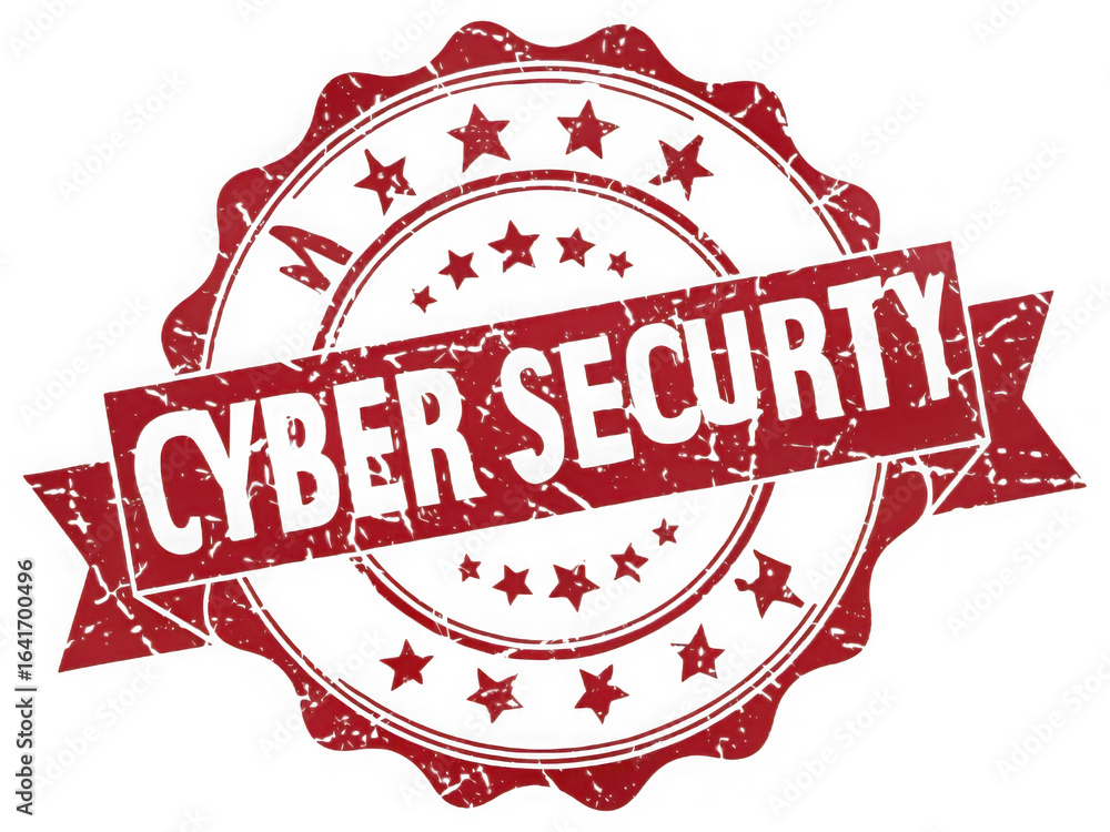 Poster red cyber security emblem with distressed texture isolated on transparent background