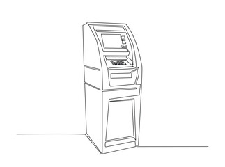 ATM machine in single outline illustration. Continuous line art drawing of automated teller machine for business and finance concept.