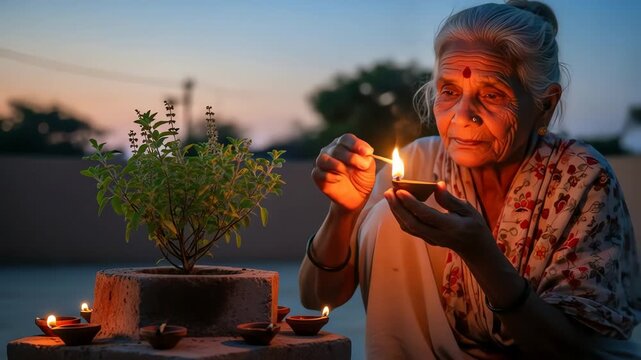 Sacred Twilight Ceremony: An Elderly Indian Woman Lights Oil Lamps for a Hindu Ritual
