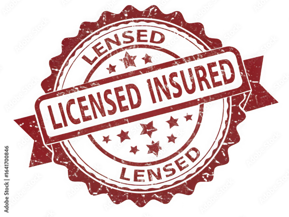 Poster red circular stamp emblem with text licensed insured and stars isolated on transparent background