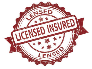 Red circular stamp emblem with text licensed insured and stars isolated on transparent background