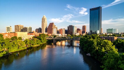 Fototapeta premium City skyline reflected in river, trees, bridge