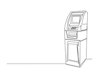 ATM machine in single outline illustration. Continuous line art drawing of automated teller machine for business and finance concept.
