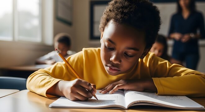 Young student diligently works on an assignment, pencil in hand, showcasing focus and dedication in a classroom setting. A teacher observes from the background.