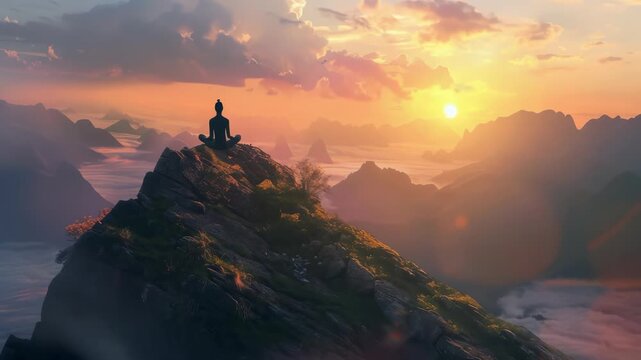 A silhouette figure practices meditation atop rugged mountain peak at sunset, overlooking vast landscape misty mountains. The scene evokes peace, mindfulness,, natural beauty
