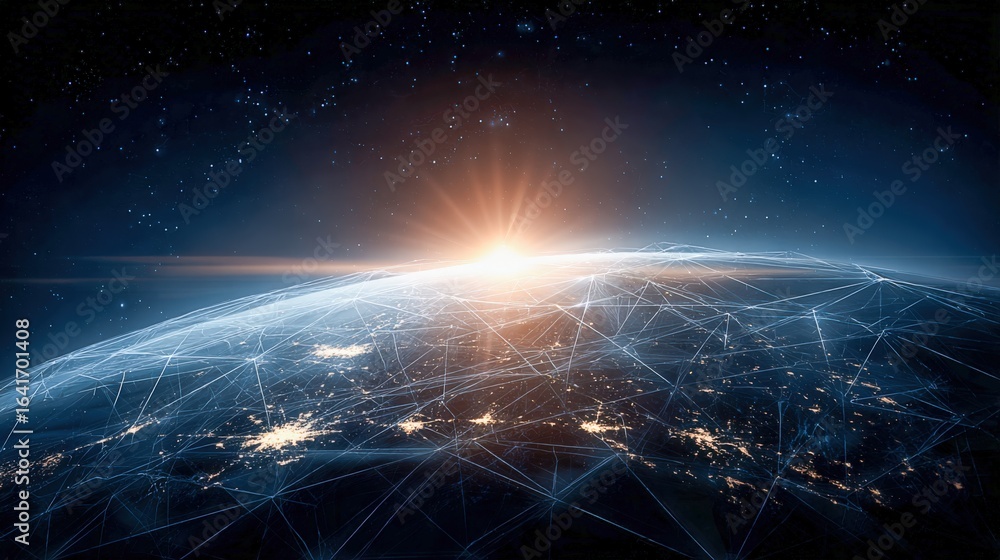 Aufkleber global network connection: abstract earth visualization with futuristic data transmission and sunris
