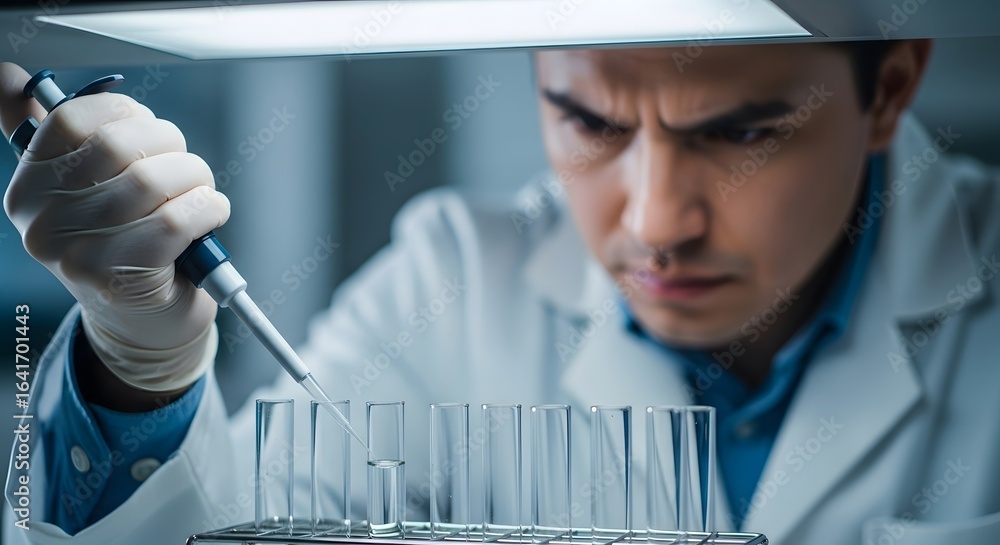 Poster focused scientist conducts precise experiment in modern laboratory setting,demonstrating intense con