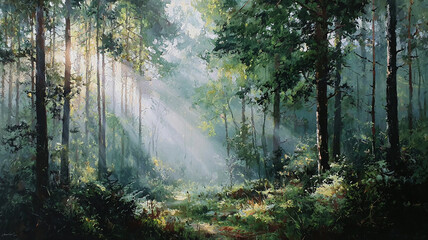 An ethereal forest scene shrouded in a soft mist, creating a mysterious and enchanting atmosphere.
