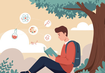 Young student engrossed in learning under a tree, surrounded by symbols of science, art, and education, representing knowledge discovery and academic pursuit