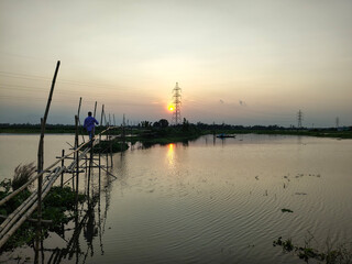 Fototapeta premium Rural Landscape At Sunset Person Crossing Bamboo Bridge Golden Hour Reflection Serene