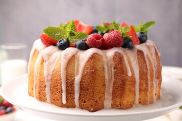 Delicious bundt cake with berries, glaze and mint on white table against grey background, closeup