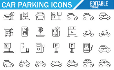 Collection of car parking, bike parking, and meter-related icons for transport services.