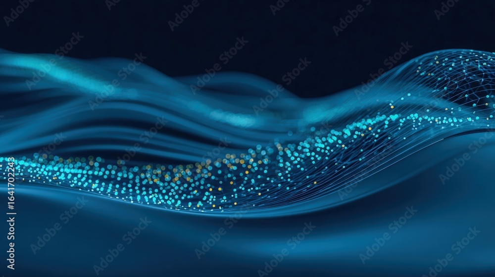 Poster abstract particle wave background with teal and gold accents for science or technology