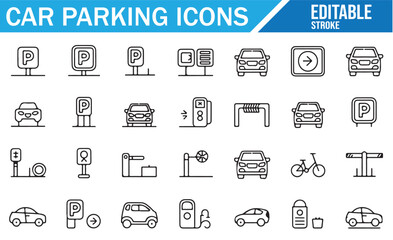 Collection of parking icons, including vehicles, payment meters, and signs.