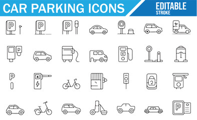 Vector set of icons for parking spaces, vehicle parking, and bike racks for urban design.