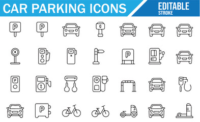 Icons representing various parking signs, parking meters, and vehicles in a clean line style.