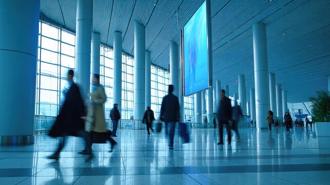 Busy Airport Terminal Interior with Passengers Walking Past Large Digital Display, Featuring Modern Architecture - Powered by Adobe