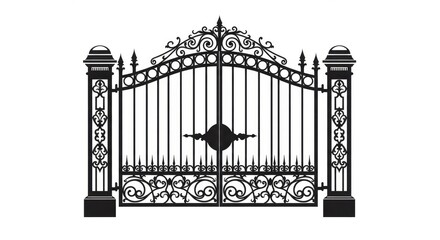 Elegant black wrought iron estate gate with ornate scrolls and decorative finials, exuding classic luxury and security for prestigious properties.