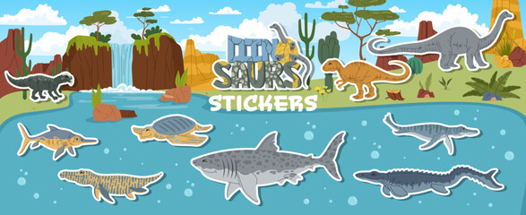 Naklejka premium Prehistoric era land and water dinosaur characters stickers pack. Prehistoric extinct reptile lizard vector tag. Megalodon, Vulcanodon, Allosaurus and Liopleurodon, Tylosaurus, Archelon dino stickers