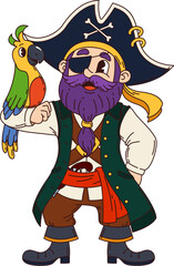 Cartoon groovy pirate corsair and sailor character with parrot on his shoulder and a flintlock. Isolated vector picaroon personage with beard and excited expression, wears eye patch and tricorn hat