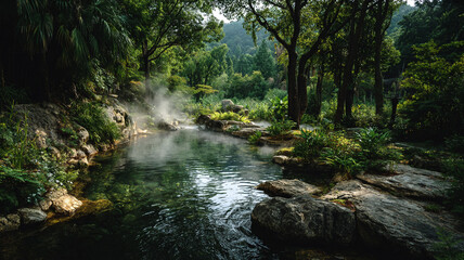 A picturesque river running through a lush forest, creating a peaceful and serene natural background.