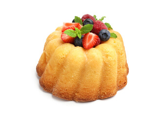 Delicious bundt cake with berries and mint isolated on white