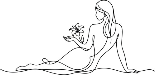 Elegant line art of a woman sitting on the beach holding a flower