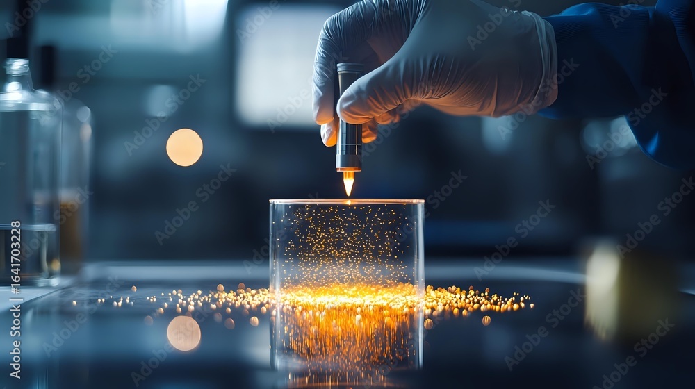 Poster laboratory scientist in protective gloves conducts chemical experiment with glowing orange liquid in