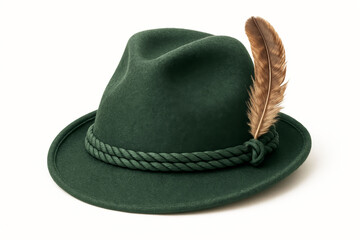 Green felt hat with feather and rope detail, isolated on white background, traditional style.